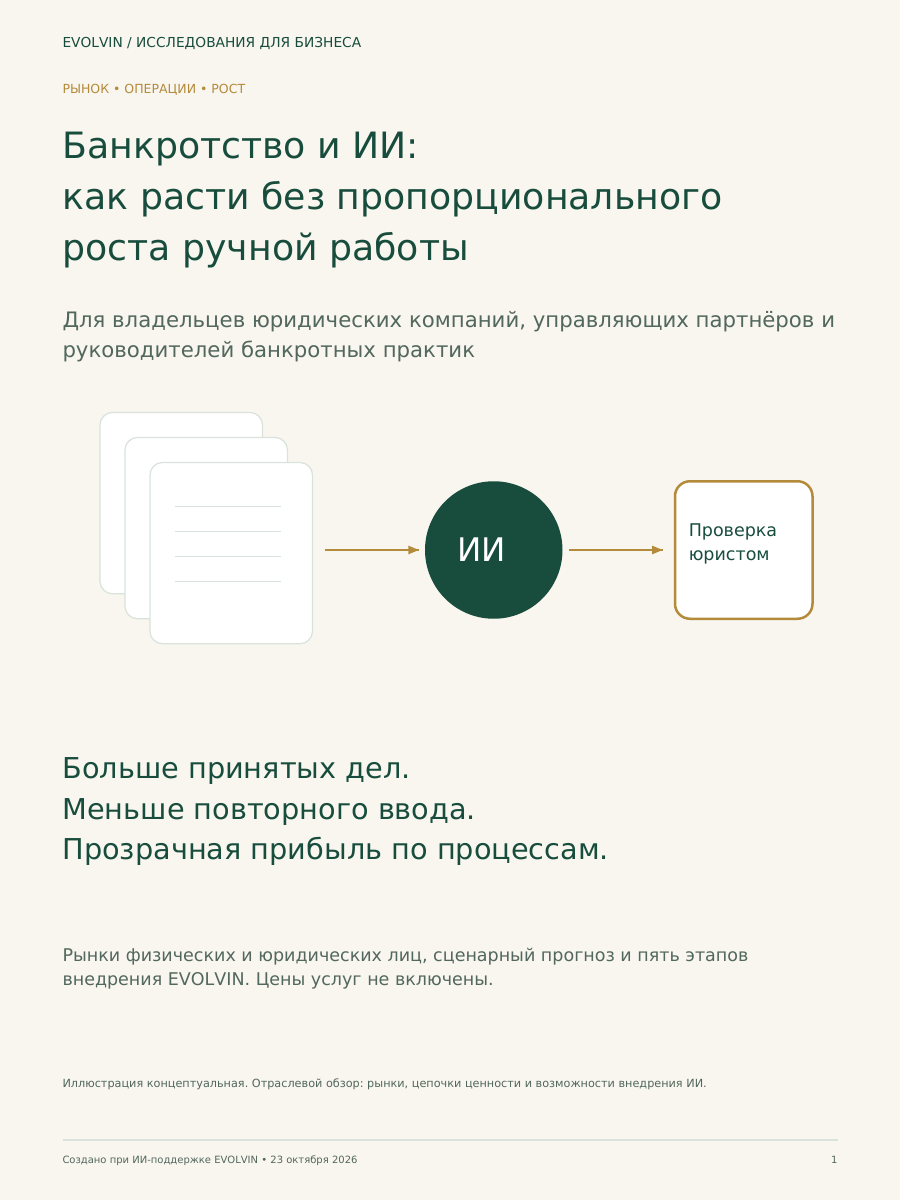 Обложка отчёта EVOLVIN «Банкротство и ИИ: как расти без пропорционального роста ручной работы»
